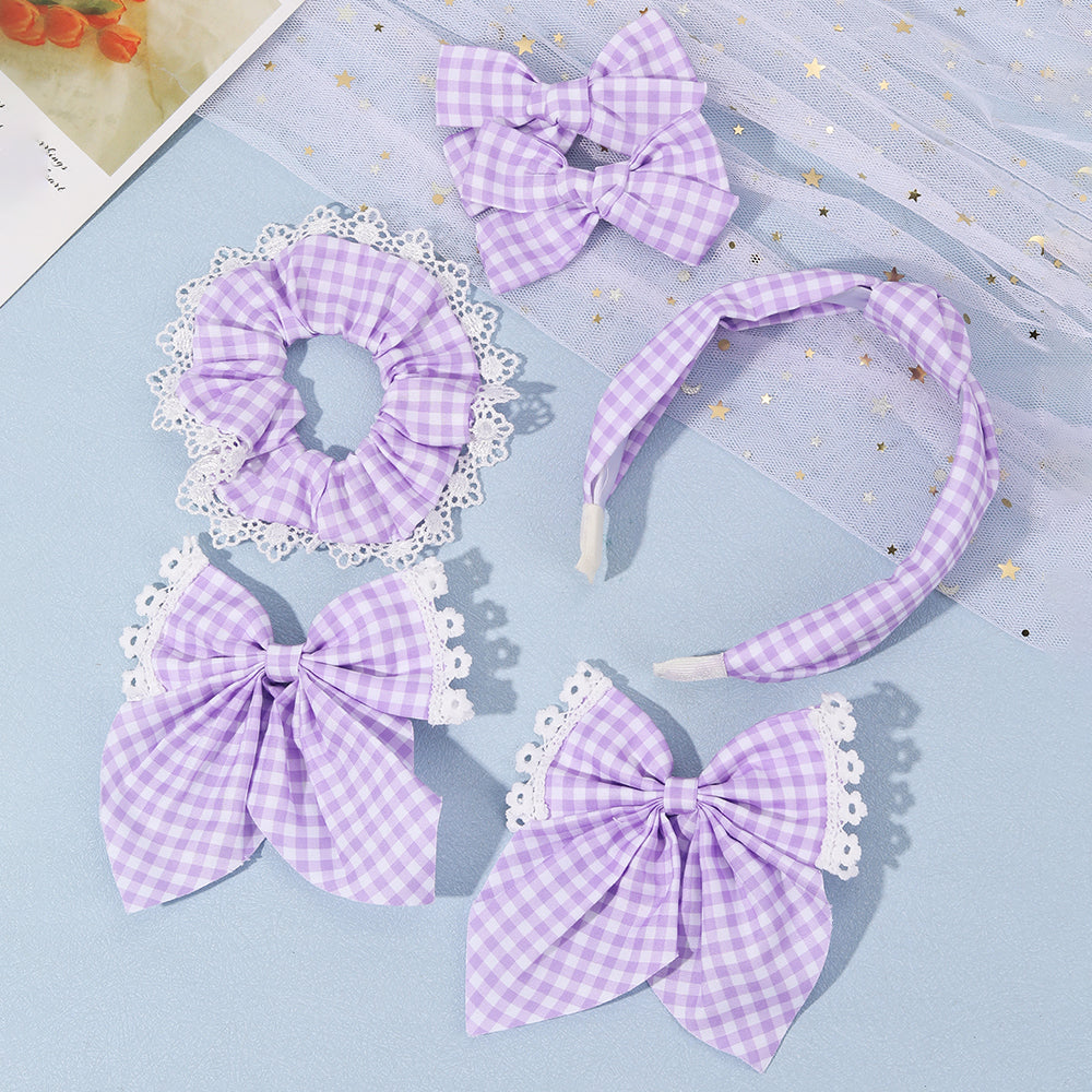CN 6Pcs Pastel Fabric Cheked Hair Bow Set Girls Kids Lace Flower Scrunchies Headband