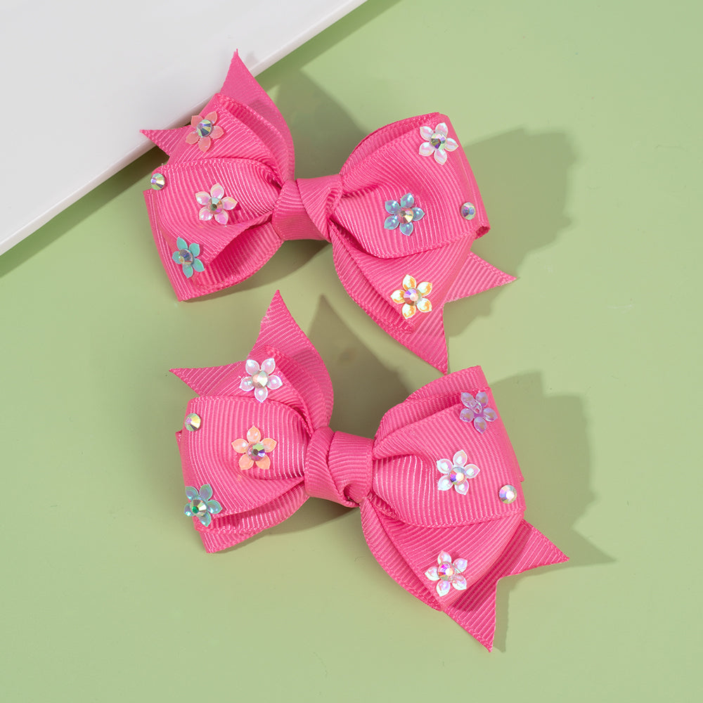 CN 2Pcs Grosgrain Ribbon Hair Bow Clip Sparkly Rhinestone Hair Clip
