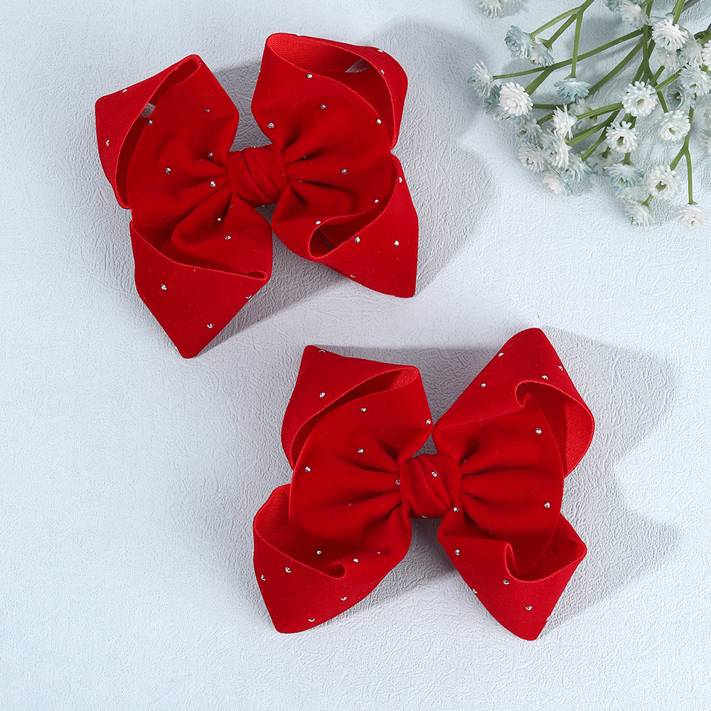 2Pcs Large Velvet Hair Bow with Sparkly Rhinestone Hair Clip Girls