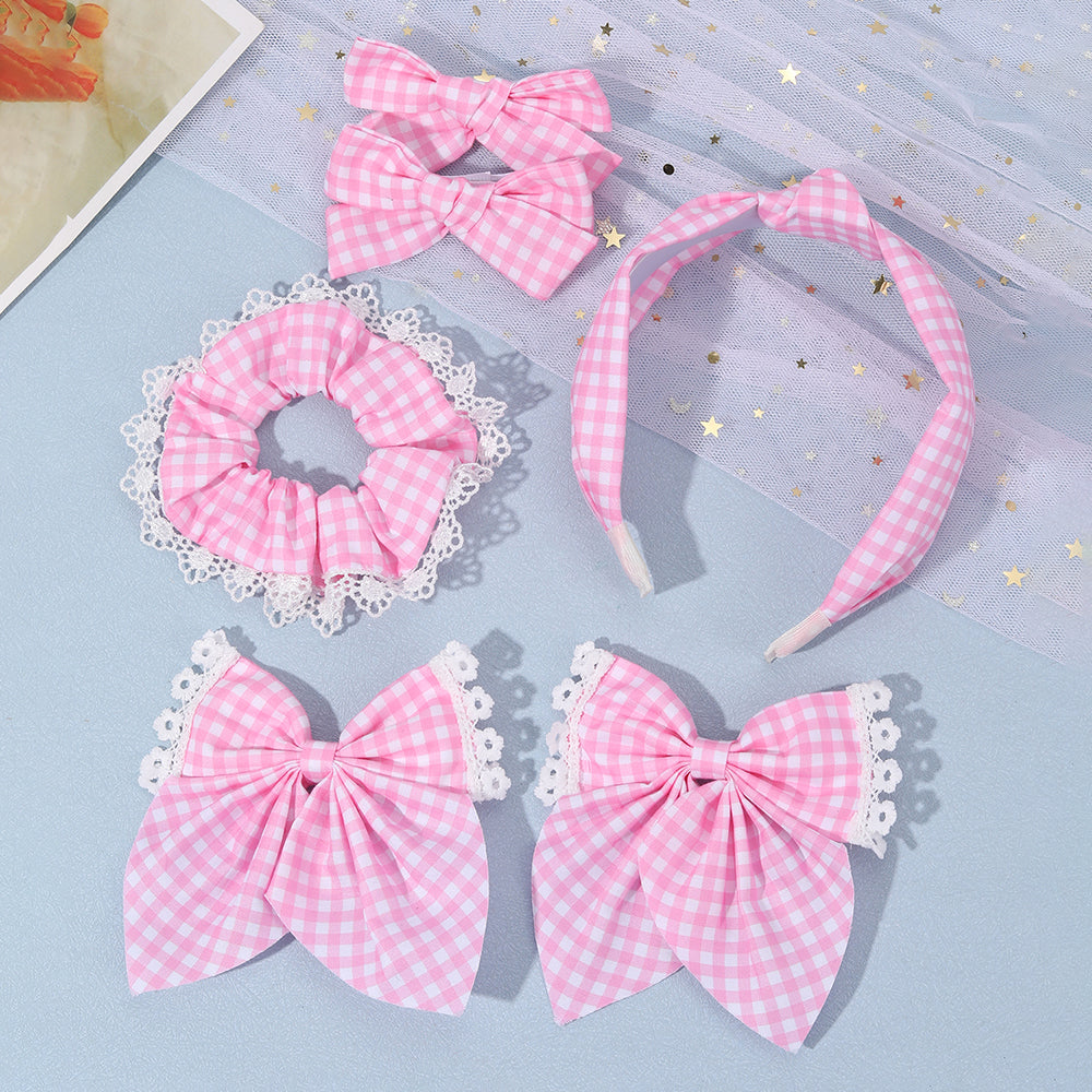 CN 6Pcs Pastel Fabric Cheked Hair Bow Set Girls Kids Lace Flower Scrunchies Headband
