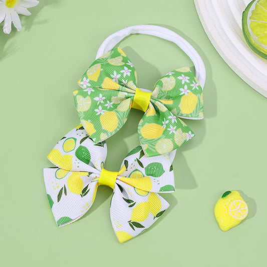 Print Lemon Flower Ribbon Bow Knot Nylon Elastic Headband for Baby Infant Hairband