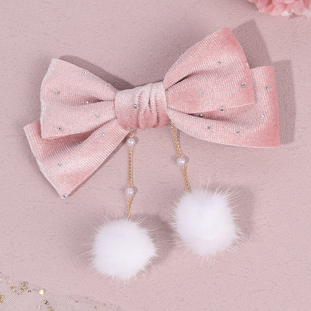 Winter Velvet Hair Bow Rhinestone Pom Pom Tassel Hair Clip Girls