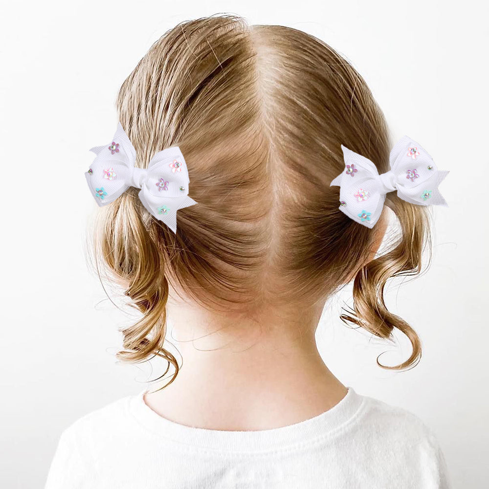 CN 2Pcs Grosgrain Ribbon Hair Bow Clip Sparkly Rhinestone Hair Clip