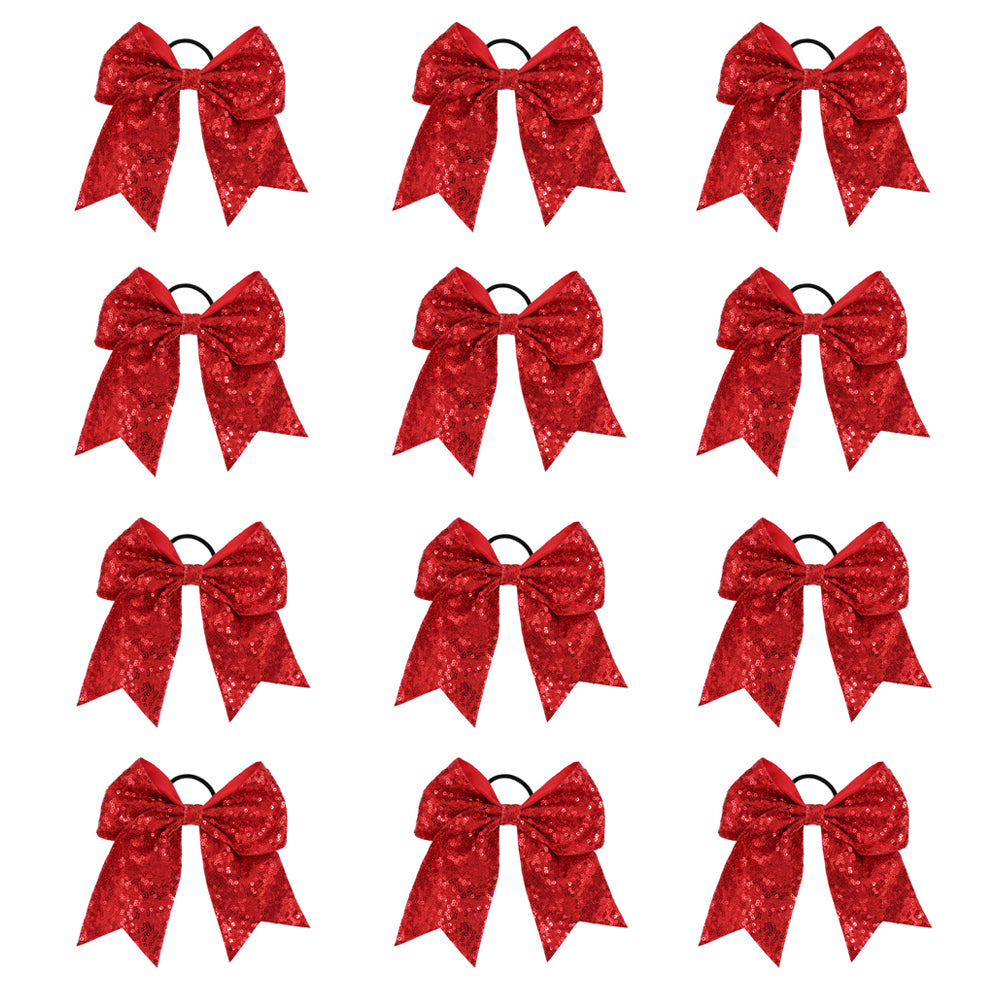 12PCS 8'' Glitter Sequin Red Cheer Bows