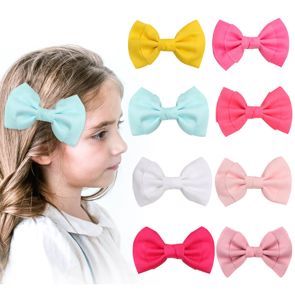 12pcs 2 Patterns Solid Color Ribbons Bow Hair Clip Set For Girls