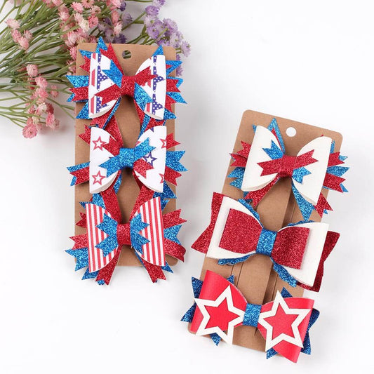 3PCS Patriotic Stars Glitter Hair Bows