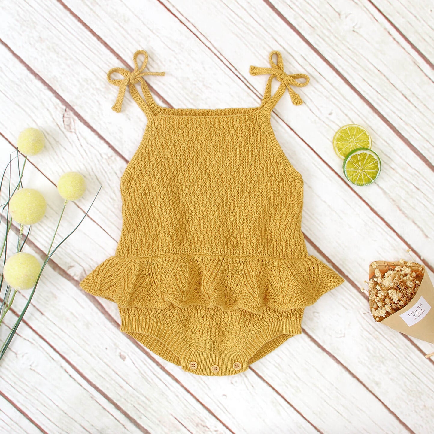 Knitted Cotton Lace-up Ruffled Romper