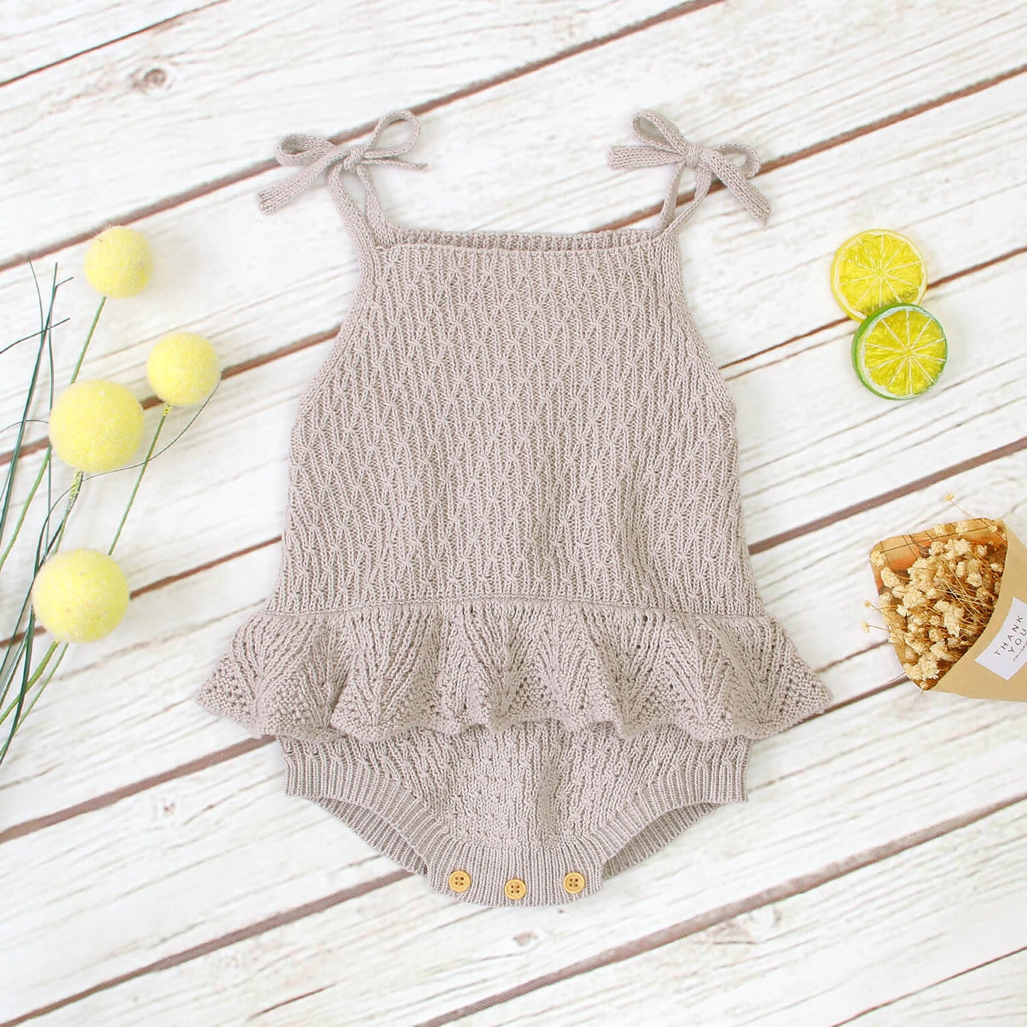 Knitted Cotton Lace-up Ruffled Romper