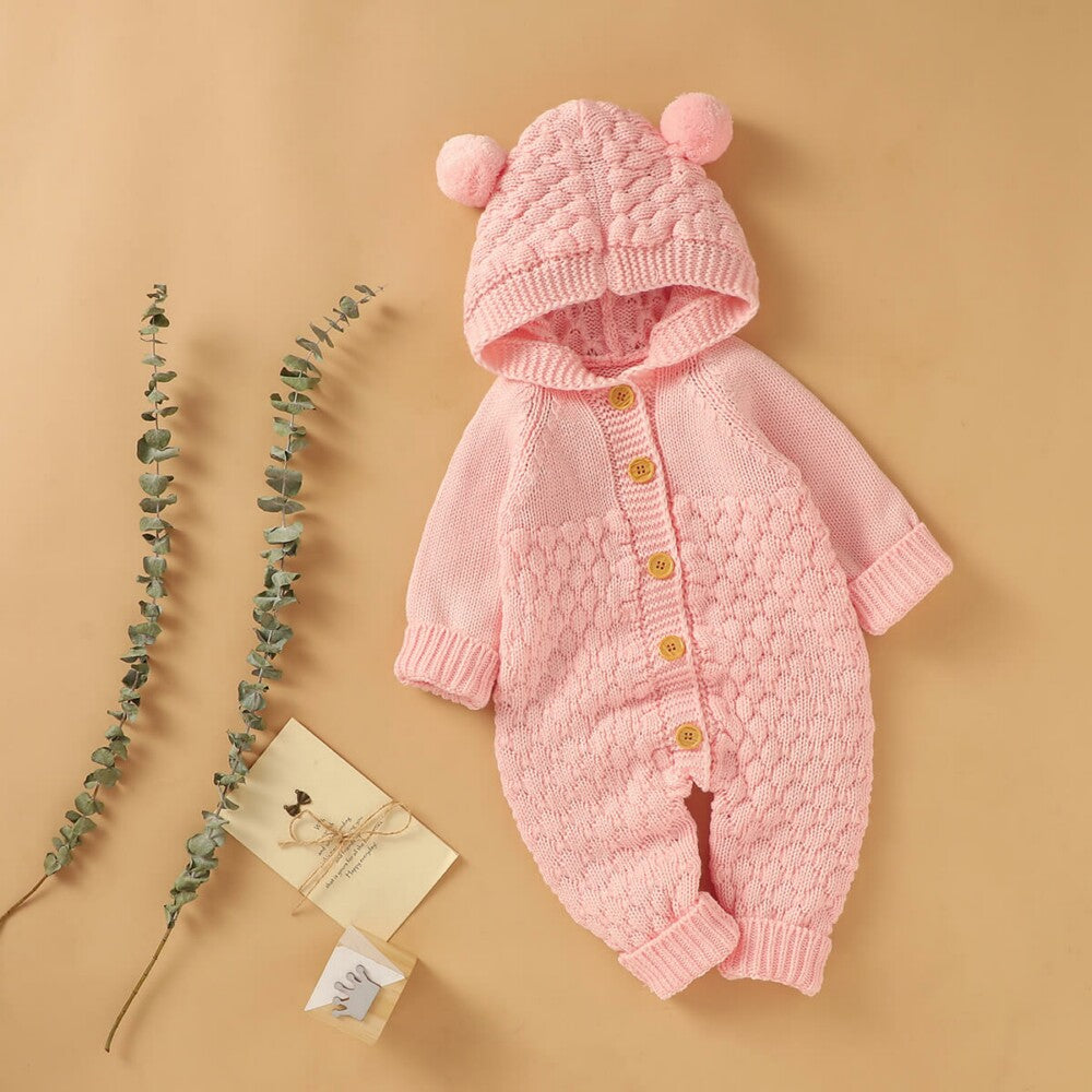 Furry Ball Hooded Knitted Baby Romper