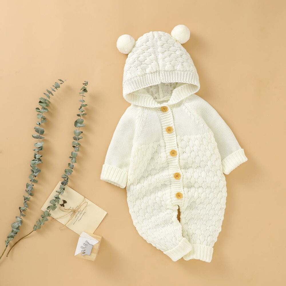 Furry Ball Hooded Knitted Baby Romper