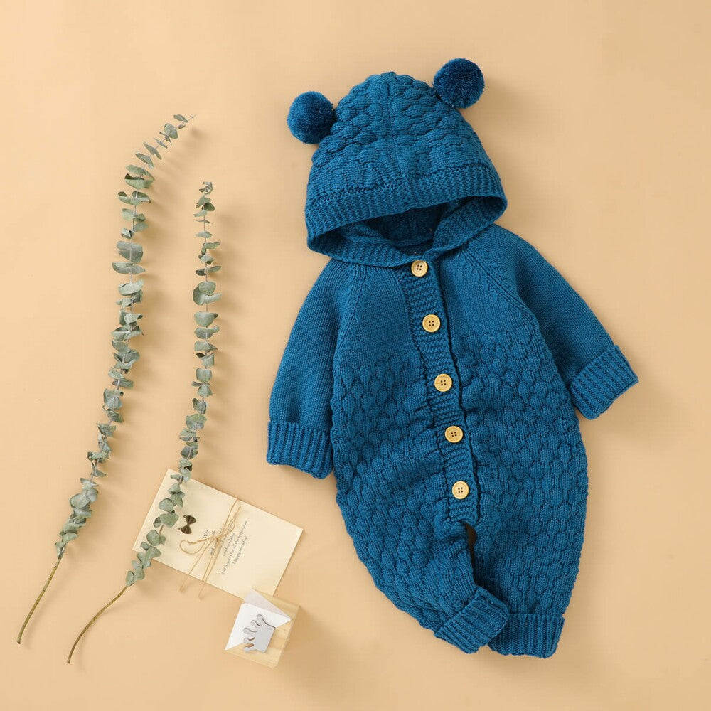 Furry Ball Hooded Knitted Baby Romper
