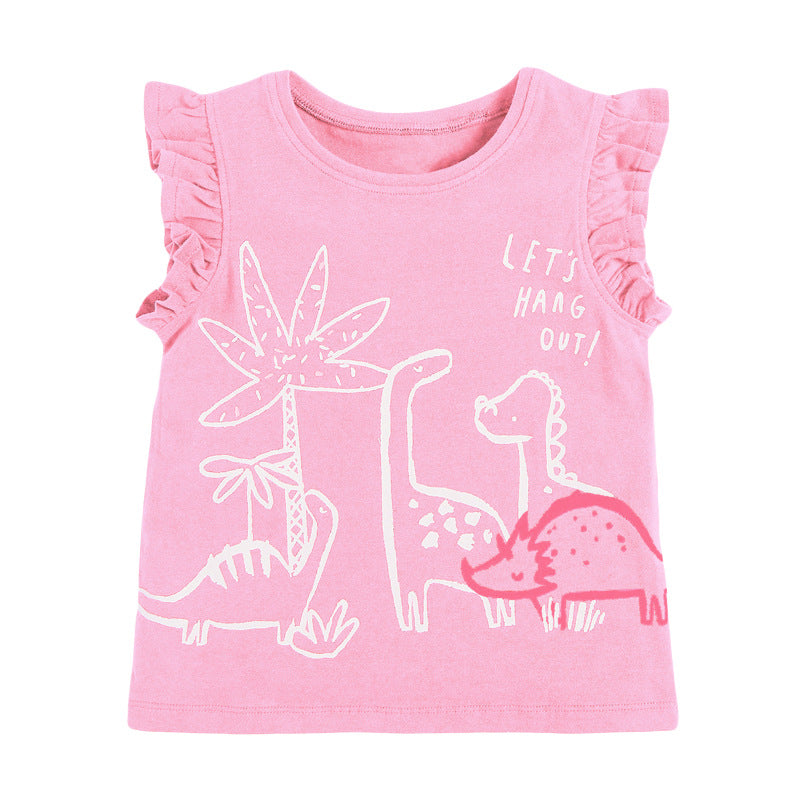 Cartoon Dinosaur Printed Pink Tops