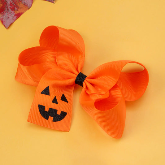 5.5Inch Orange Ribbon Hair Bow Clip Sparkly Funny Face Halloween Hair Clip