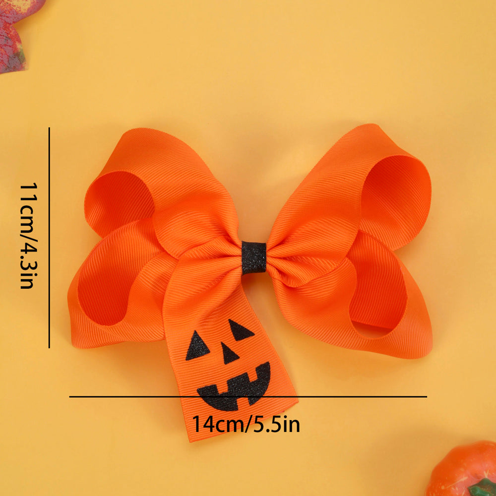 5.5Inch Orange Ribbon Hair Bow Clip Sparkly Funny Face Halloween Hair Clip