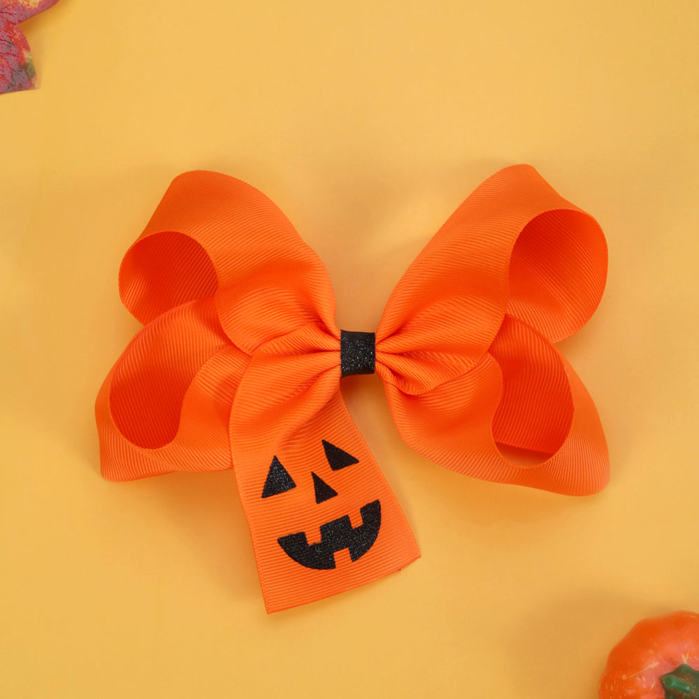 5.5Inch Orange Ribbon Hair Bow Clip Sparkly Funny Face Halloween Hair Clip