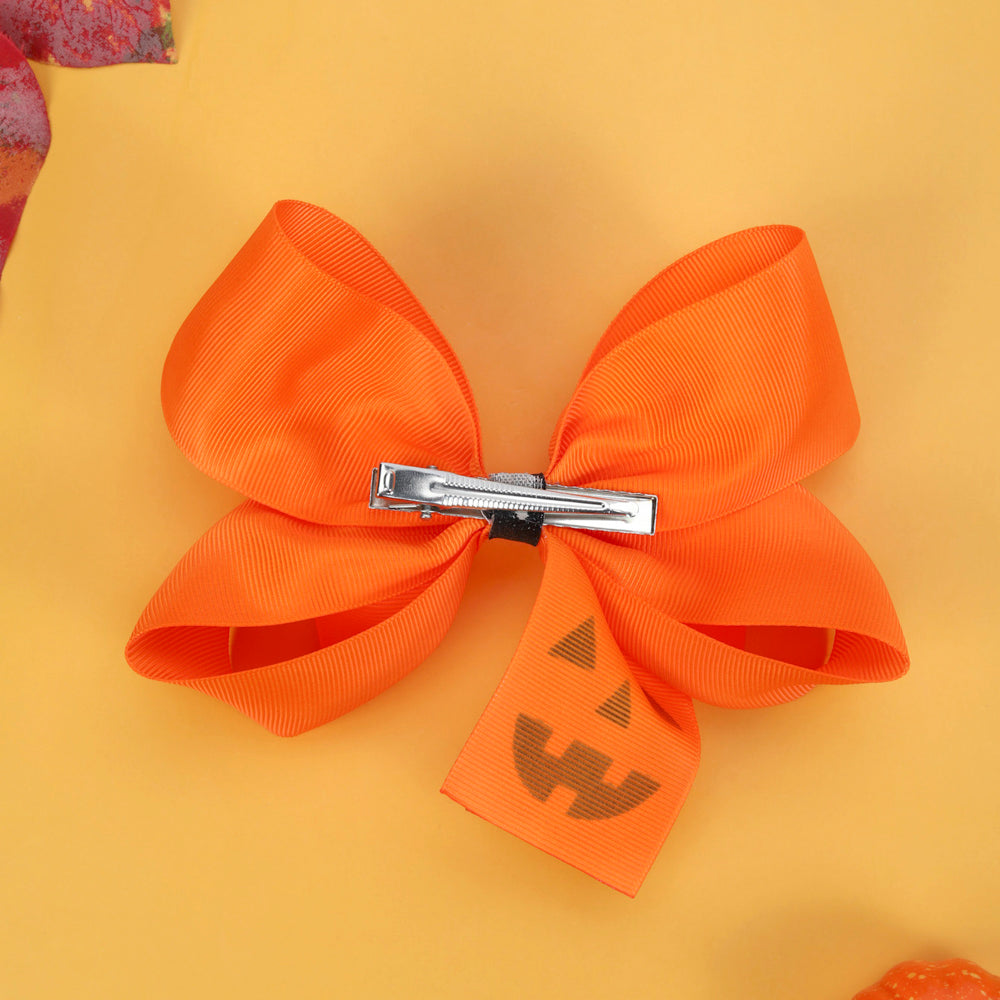 5.5Inch Orange Ribbon Hair Bow Clip Sparkly Funny Face Halloween Hair Clip