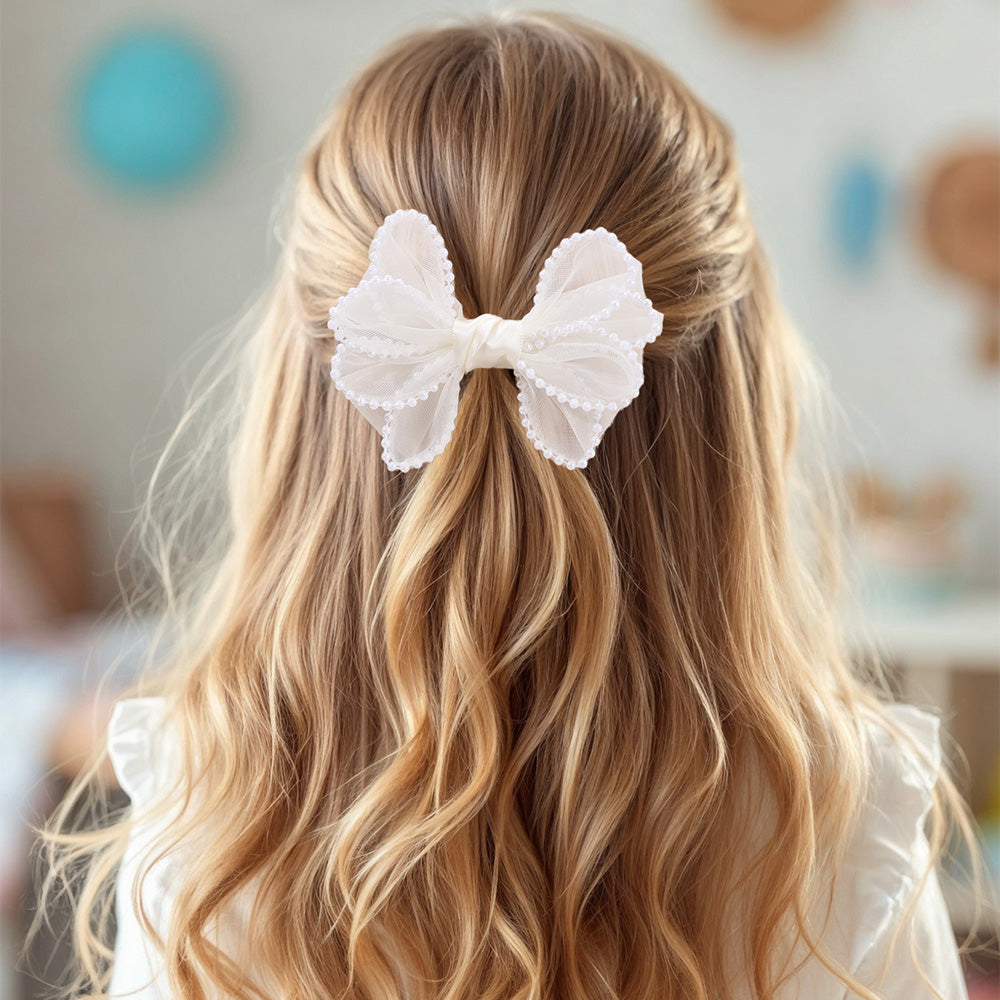 2PCS Mesh Hair Bow Pearl Edge Hair Clip Girls