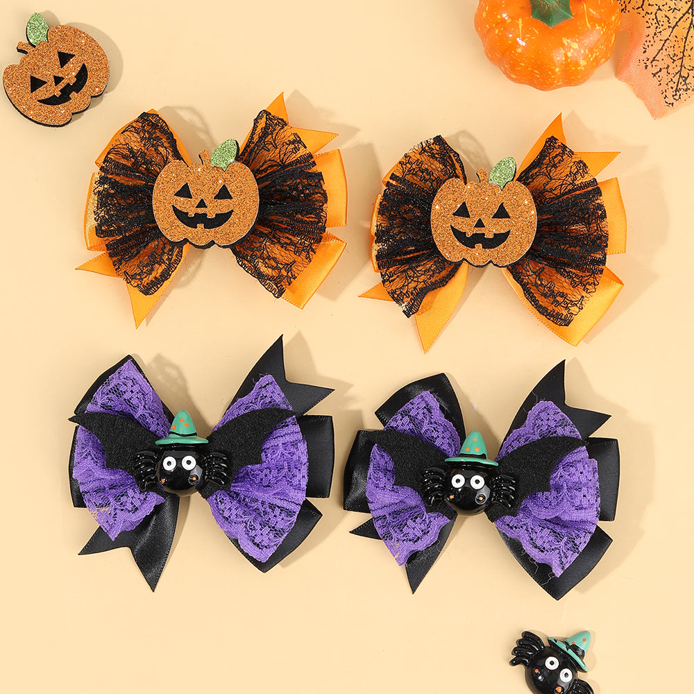 2Pcs Satin Ribbon Halloween Hair Bow Cartoon Pumpkin Spider Halloween Hair Clip
