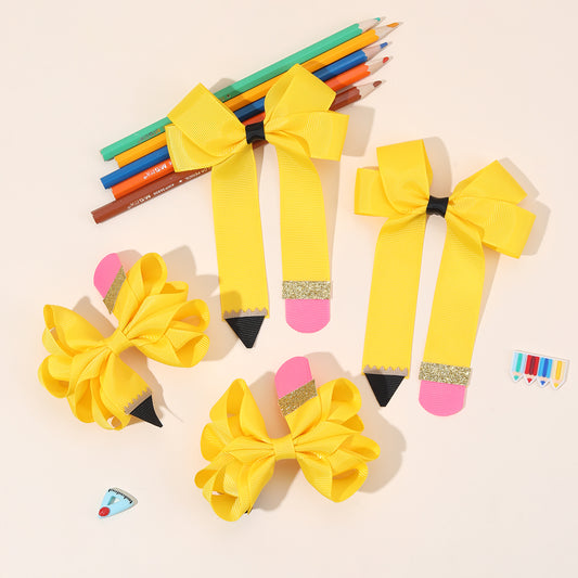 Yellow Pencil Shape Back to School Hair Bow Clip