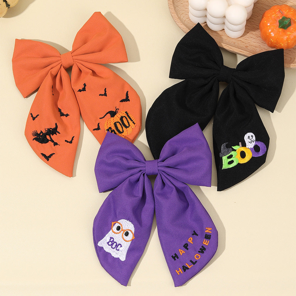 Big Fabric Embroidered Halloween Hair Bow Clip