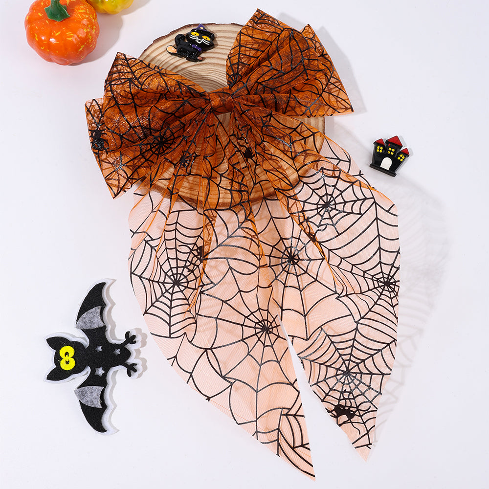 Halloween Large Mesh Long Tails Hair Bow Clip Satin Hair Clip Girls Halloween Accessories
