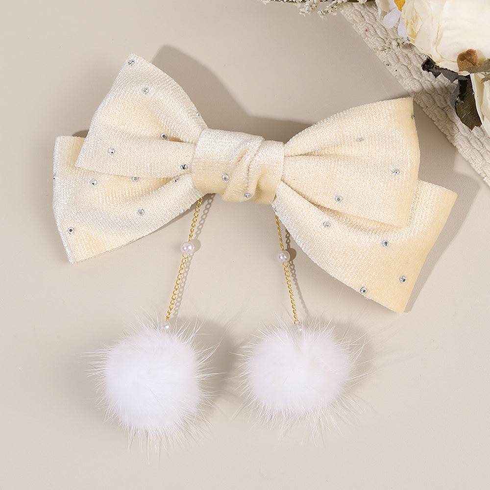 Winter Velvet Hair Bow Rhinestone Pom Pom Tassel Hair Clip Girls