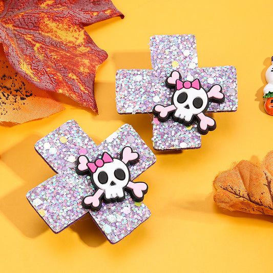 2PCS Halloween Skull Glitter Purple Hair Clips