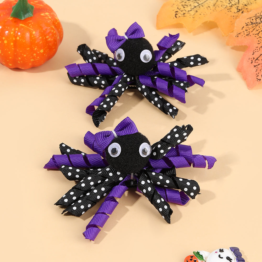 2Pcs Cartoon Spider Curly Ribbon Hair Bow Clip Girls Halloween Hair Clip
