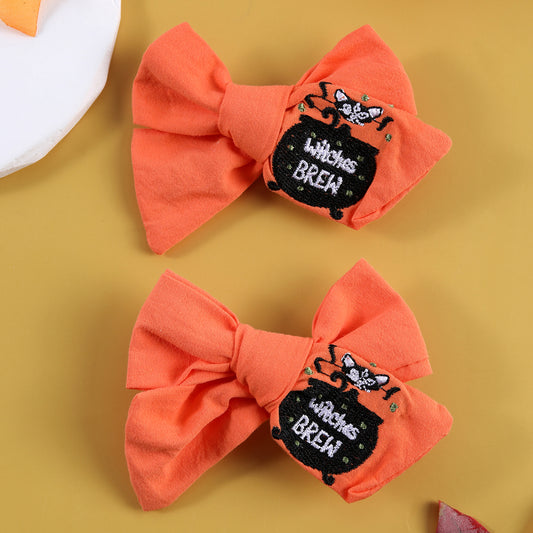 Boutique Fabric Embroidered Handmade Hair Bow Clip Girls Baby Halloween Hair Clip