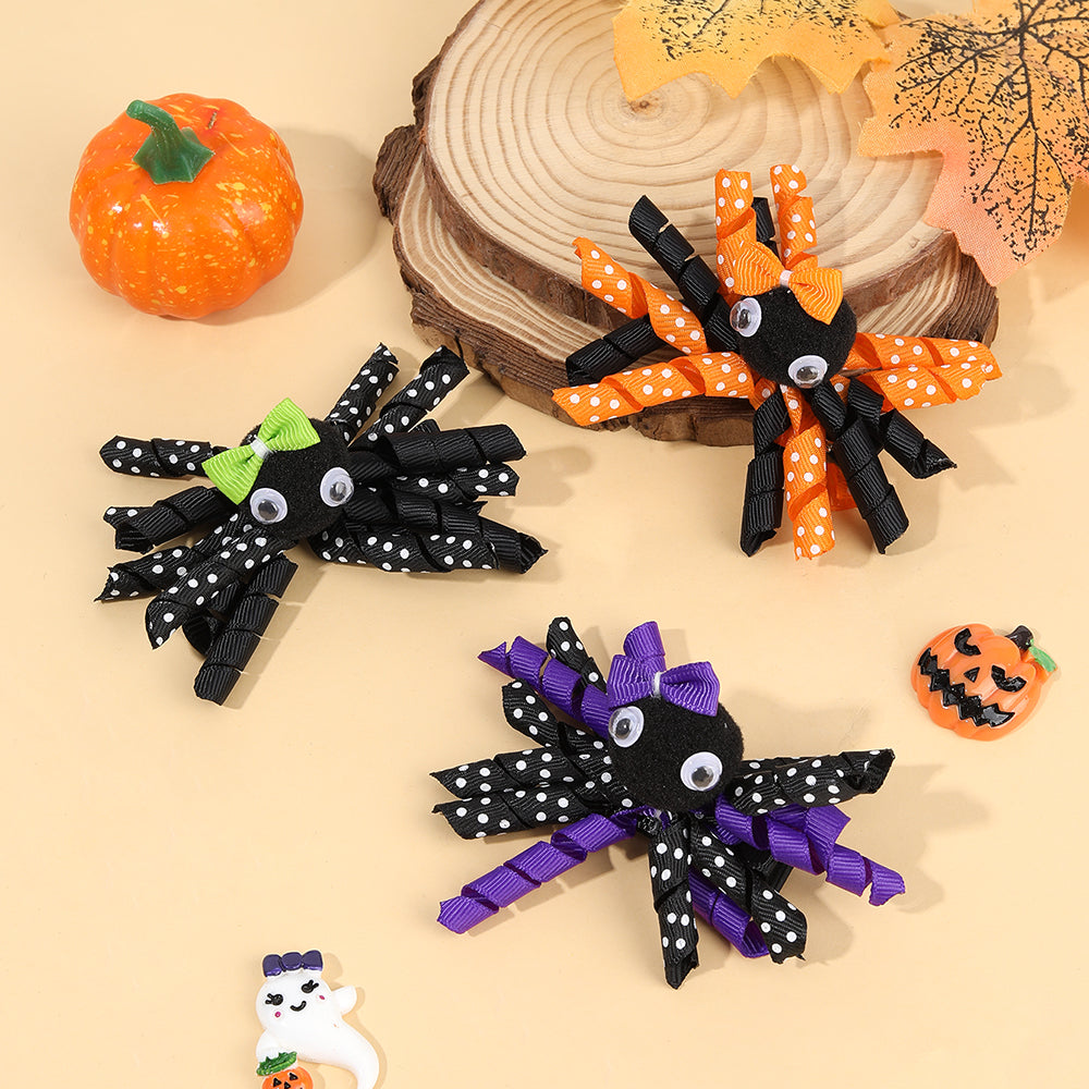2Pcs Cartoon Spider Curly Ribbon Hair Bow Clip Girls Halloween Hair Clip