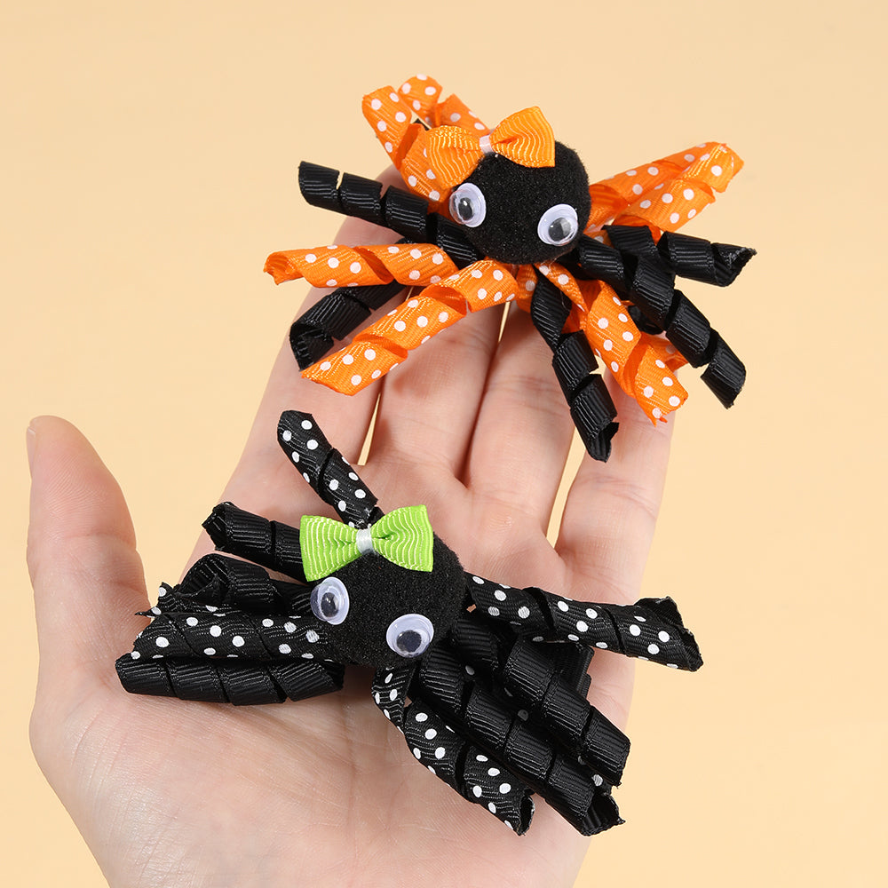2Pcs Cartoon Spider Curly Ribbon Hair Bow Clip Girls Halloween Hair Clip