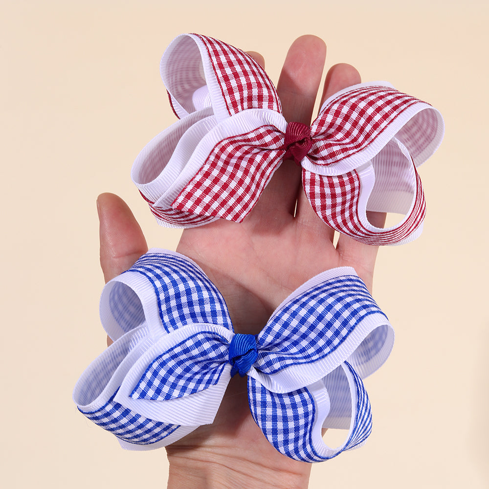 6PCS Checked Ribbon Uniform Hair Bow Clip Girls