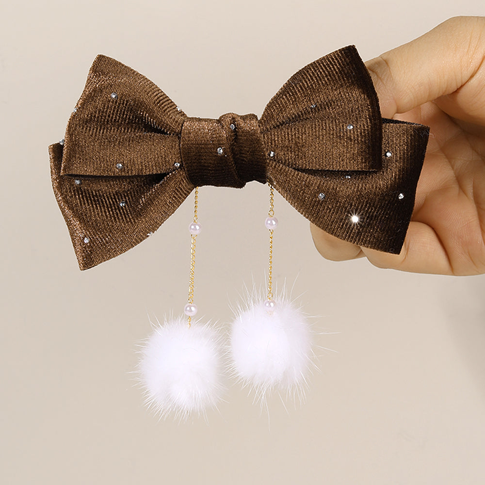 Winter Velvet Hair Bow Rhinestone Pom Pom Tassel Hair Clip Girls