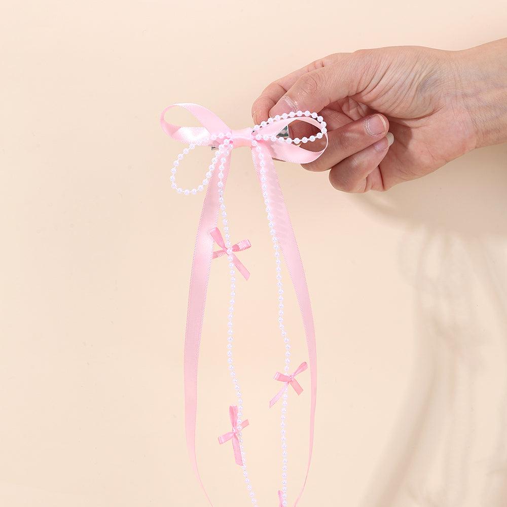 Korean Satin Long Tails Hair Clip with Bead Long Tails Hair Pins Women Girls