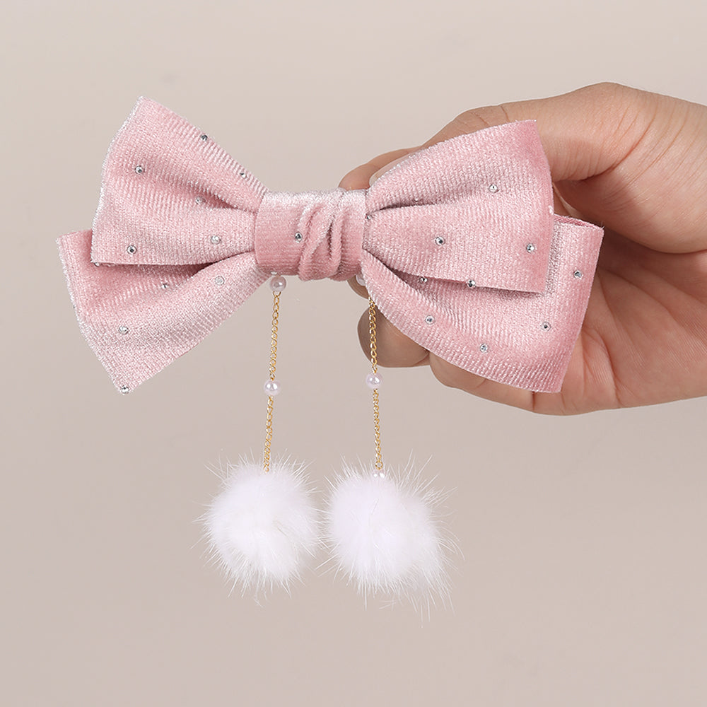 Winter Velvet Hair Bow Rhinestone Pom Pom Tassel Hair Clip Girls