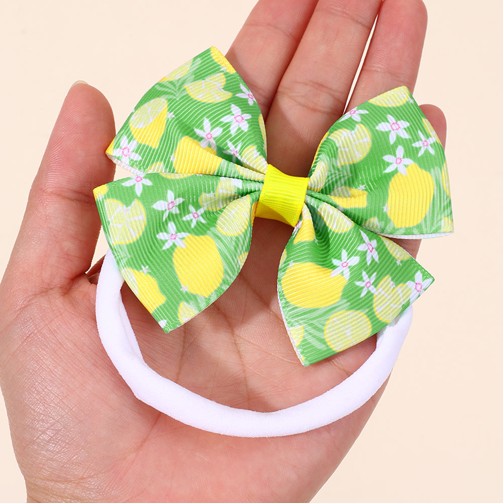 Print Lemon Flower Ribbon Bow Knot Nylon Elastic Headband for Baby Infant Hairband