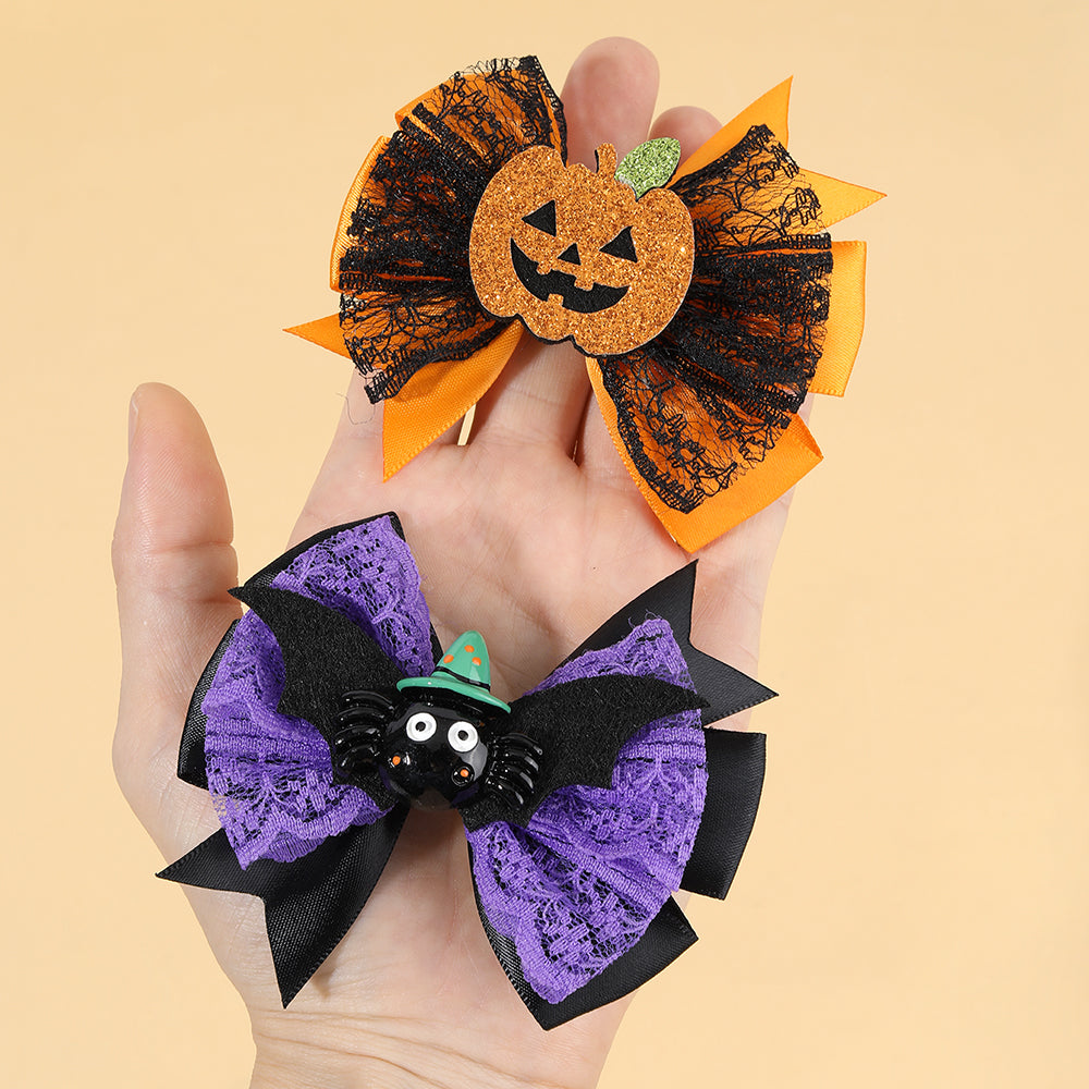 2Pcs Satin Ribbon Halloween Hair Bow Cartoon Pumpkin Spider Halloween Hair Clip