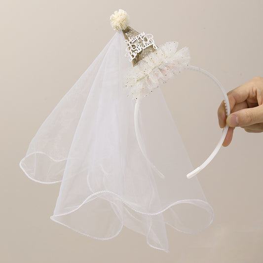 Princess Brithday Crown Party Headband Girls Mesh Veil Hairband
