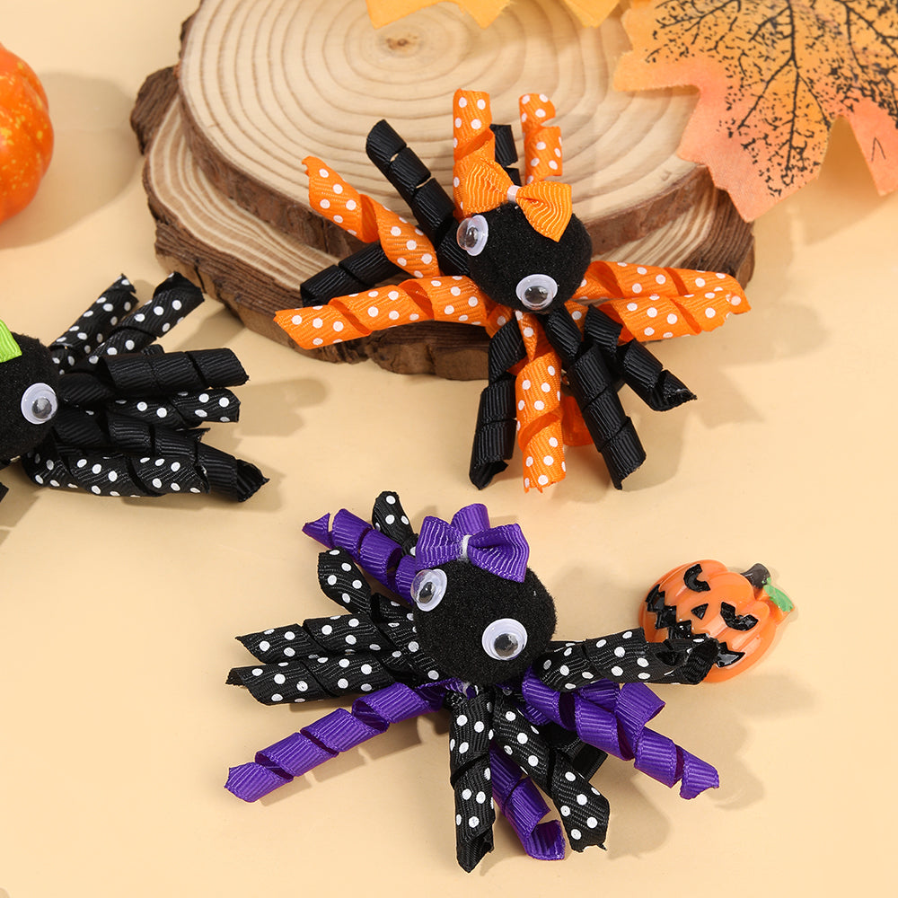 2Pcs Cartoon Spider Curly Ribbon Hair Bow Clip Girls Halloween Hair Clip