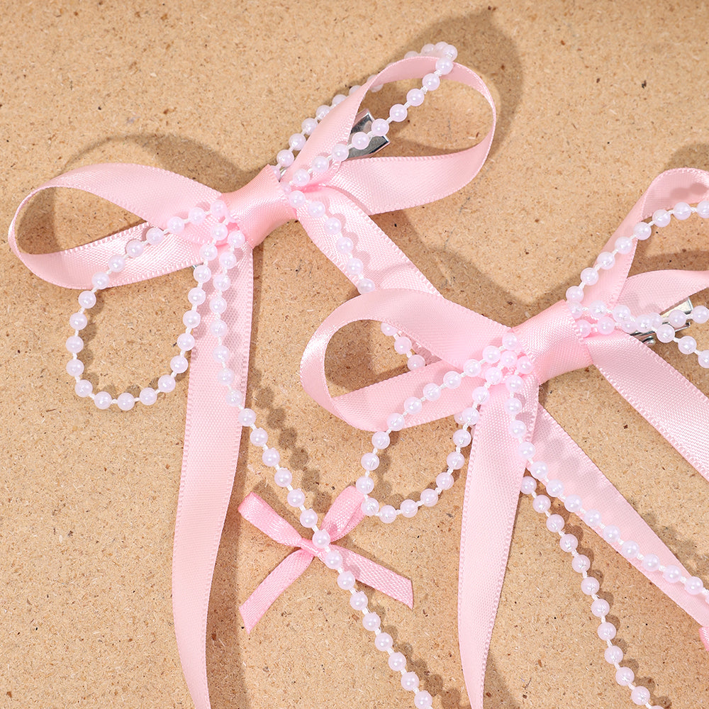 Korean Satin Long Tails Hair Clip with Bead Long Tails Hair Pins Women Girls