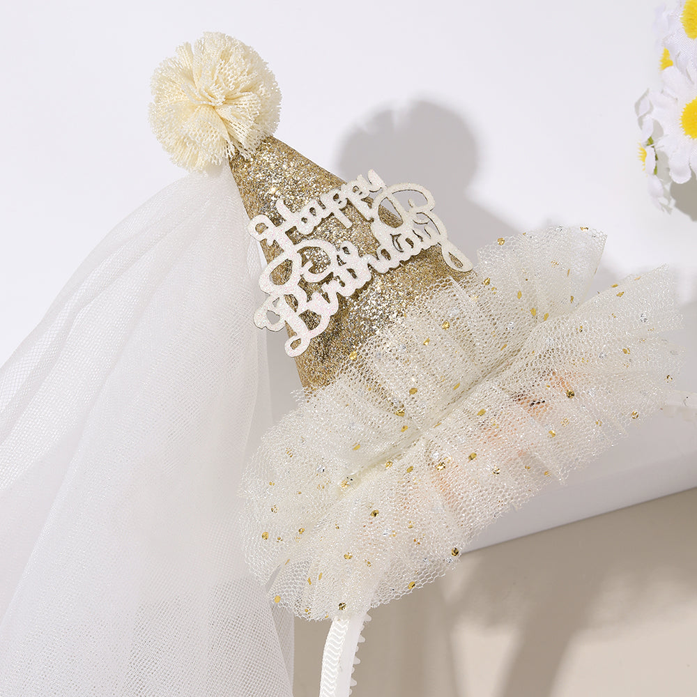 Princess Brithday Crown Party Headband Girls Mesh Veil Hairband