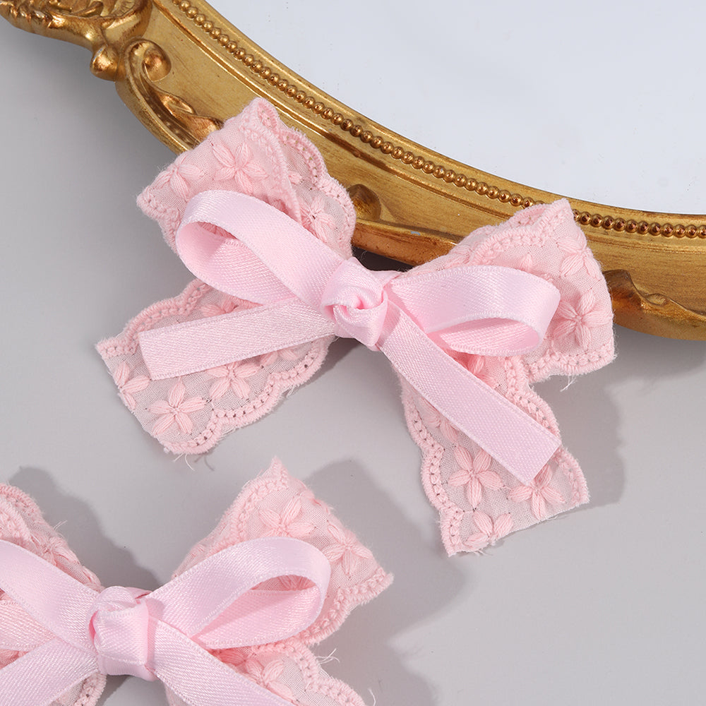 CN 2PCS Solid Color Lace Fabric Hair Bow Clip Girls Toddler