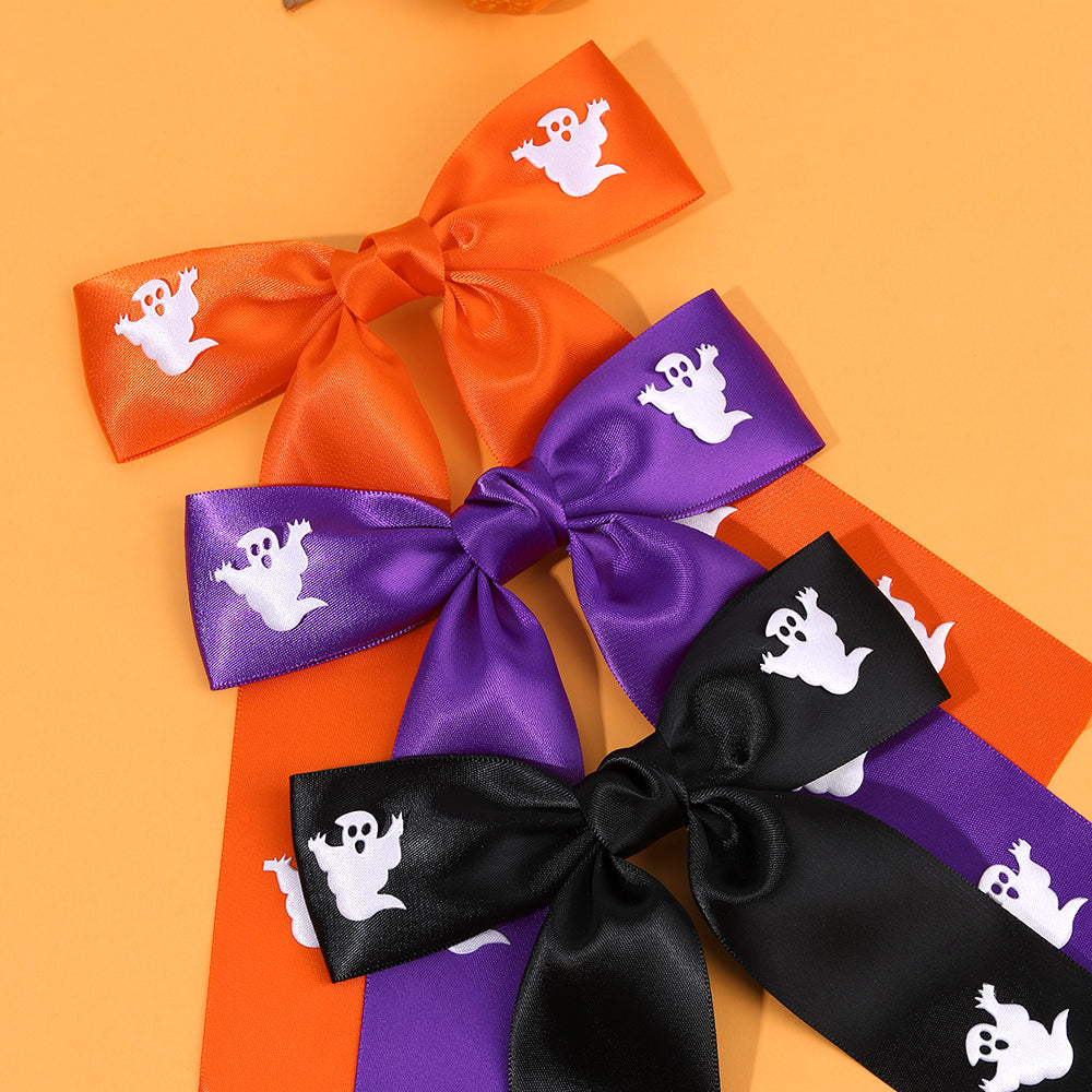 2Pcs Satin Print Ghost Halloween Hair Bow Clip