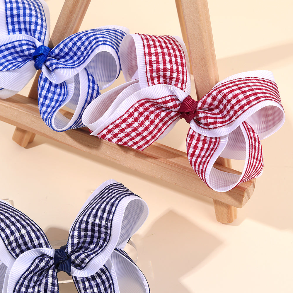 6PCS Checked Ribbon Uniform Hair Bow Clip Girls