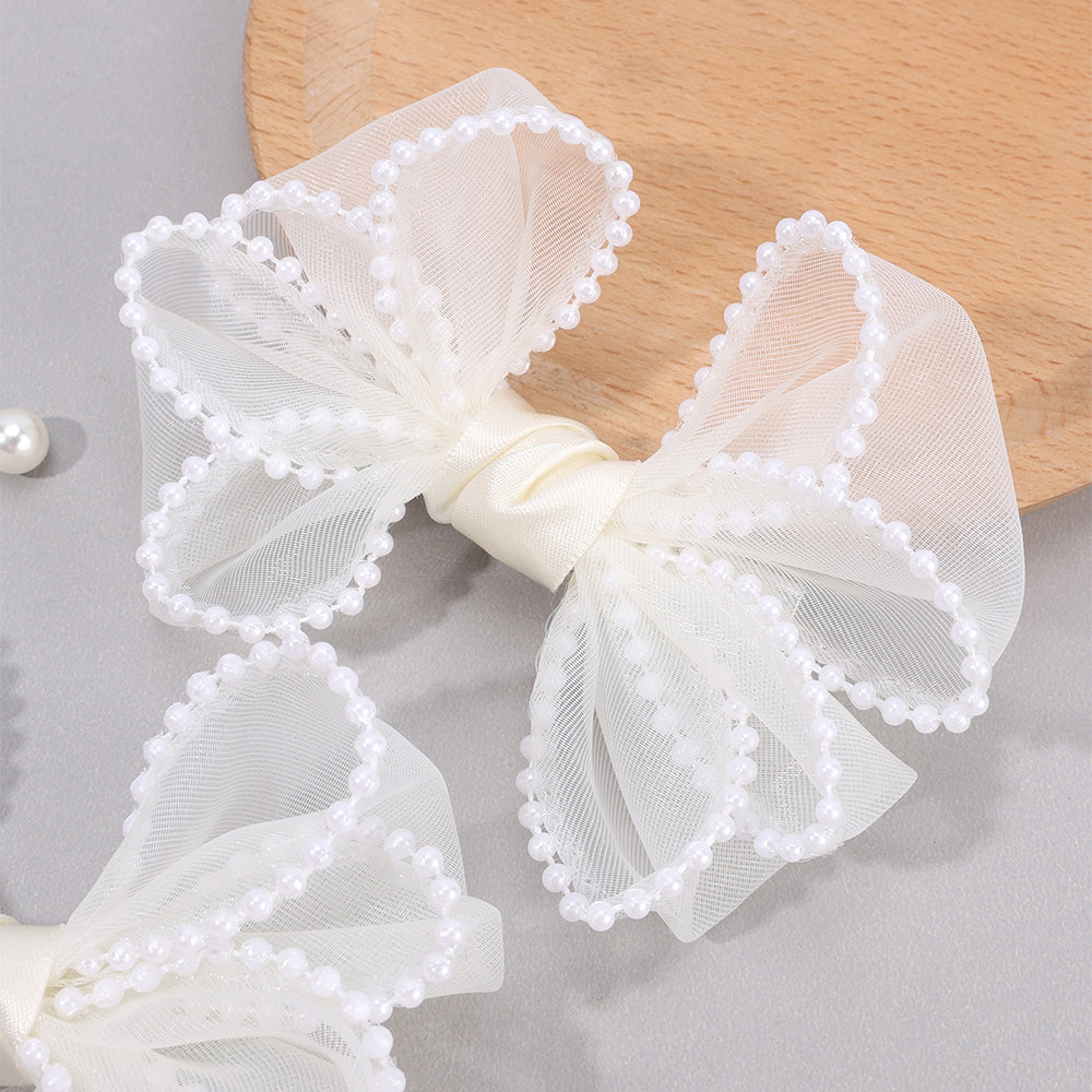 2PCS Mesh Hair Bow Pearl Edge Hair Clip Girls
