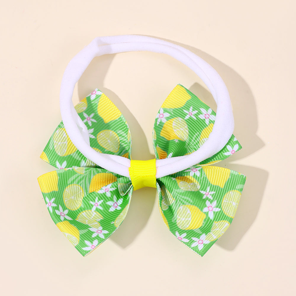 Print Lemon Flower Ribbon Bow Knot Nylon Elastic Headband for Baby Infant Hairband