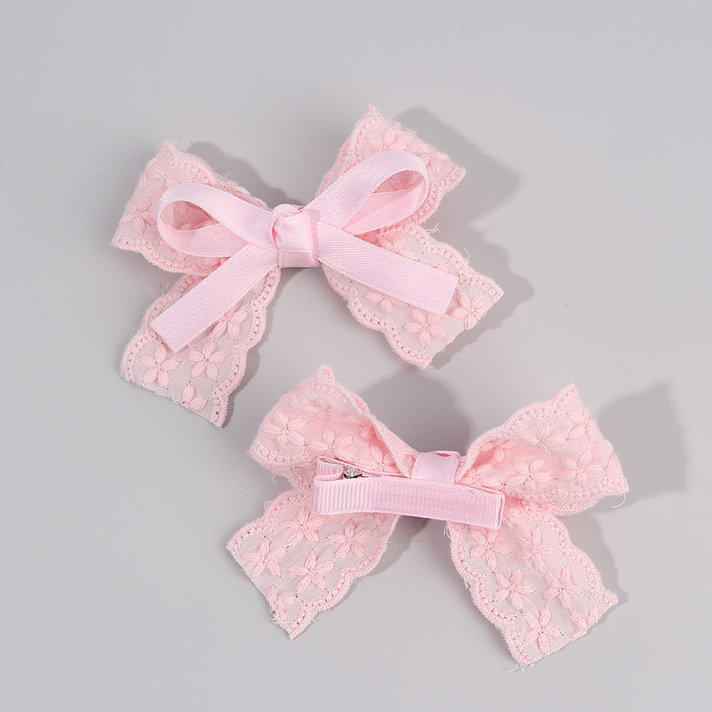 CN 2PCS Solid Color Lace Fabric Hair Bow Clip Girls Toddler