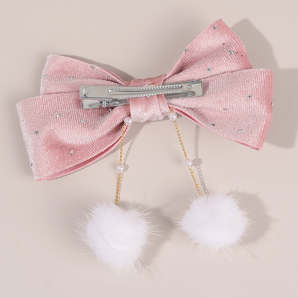 Winter Velvet Hair Bow Rhinestone Pom Pom Tassel Hair Clip Girls