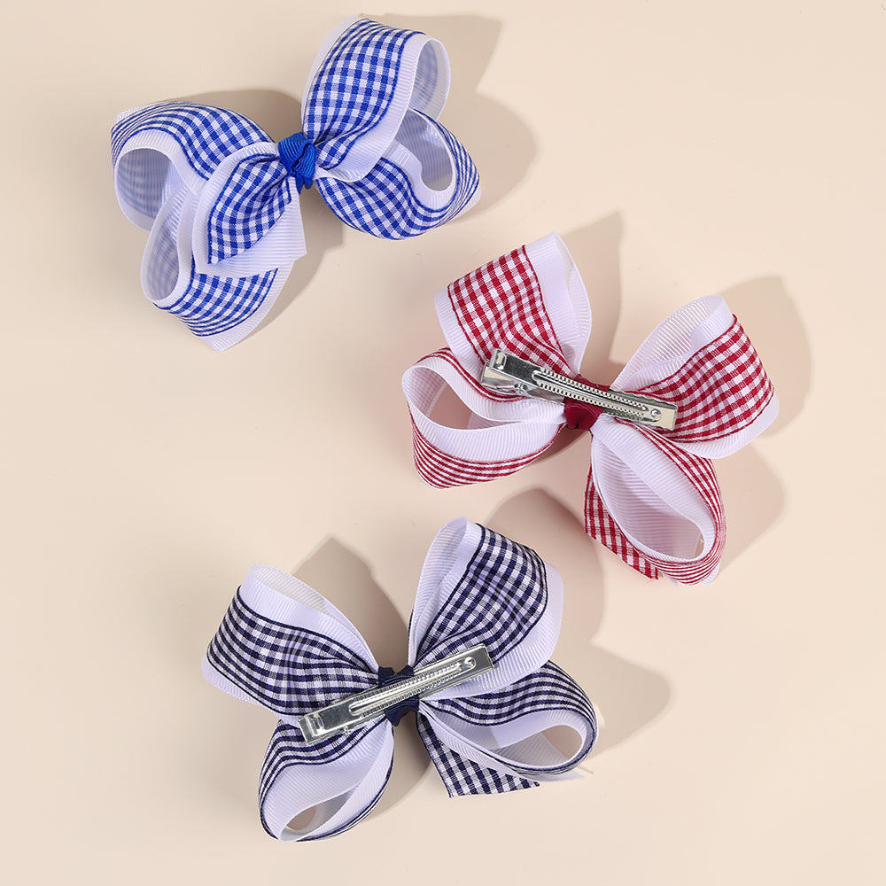 6PCS Checked Ribbon Uniform Hair Bow Clip Girls