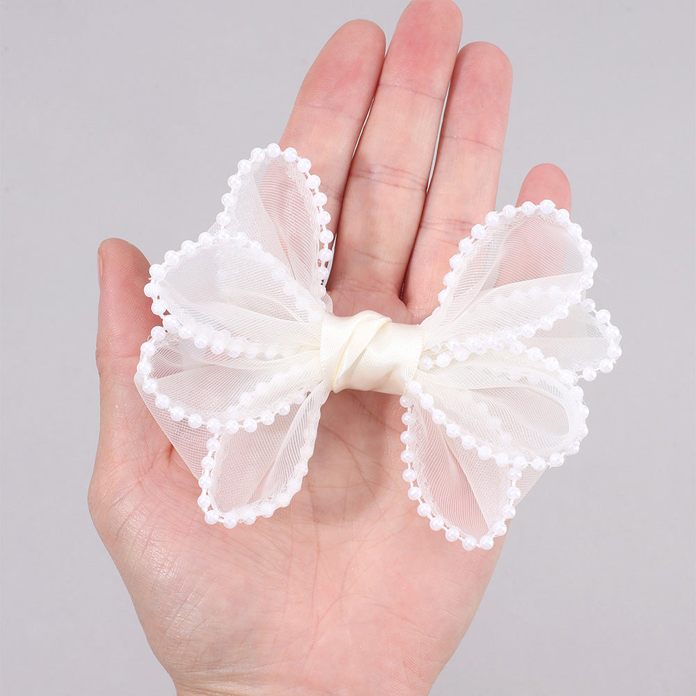2PCS Mesh Hair Bow Pearl Edge Hair Clip Girls